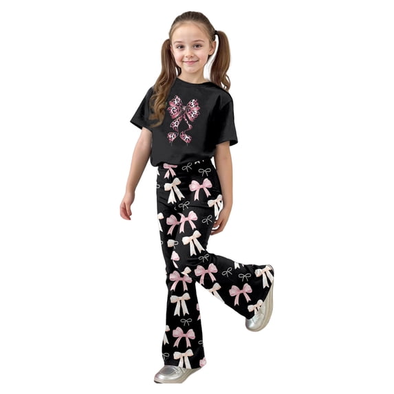 Bjutir Kids Girls Outfit Set Bowtie Print Short Sleeve Crew Neck T Shirt With Pants Outfit Summer Lightweight Toddler Girls Set Size 9-10 Years Black