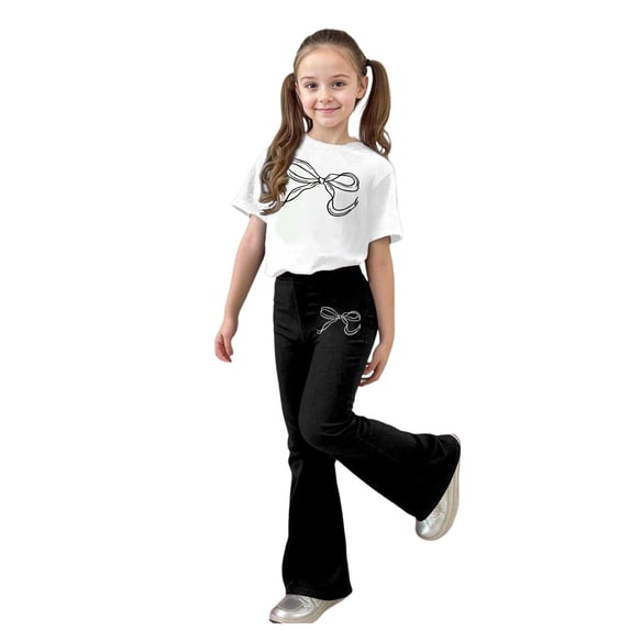 Bjutir Kids Girls Outfit Set Bowtie Print Short Sleeve Crew Neck T Shirt With Pants Outfit Summer Soft Toddler Girls Set Size 7-8 Years Black