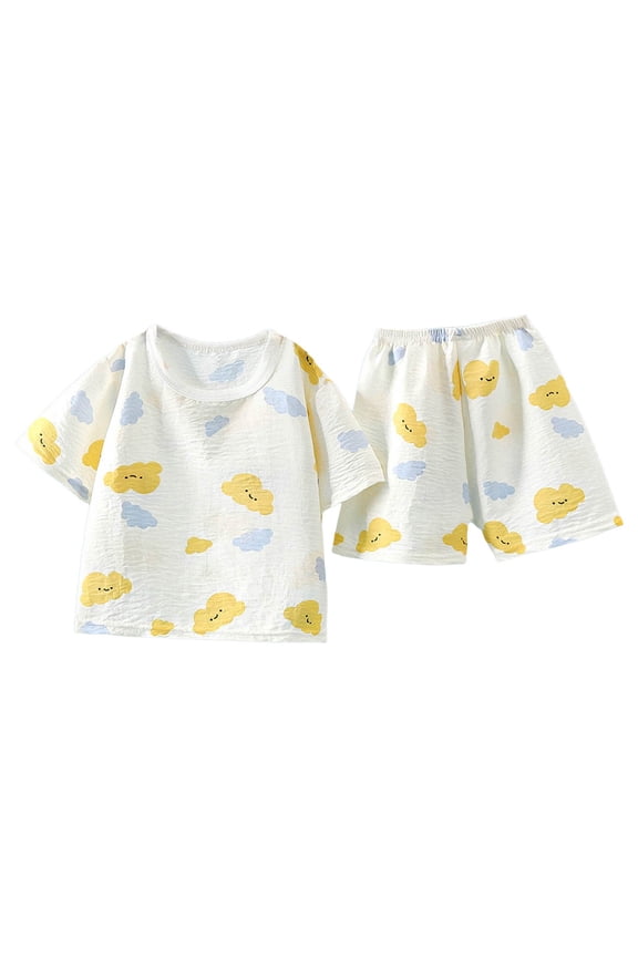 Kids Girls Outfit Set Cloud Cartoon Print Short Sleeve Crew Neck Shirt With Shorts Set Summer Breathable Toddler Girls Outfit Size 6-7 Years Light Yellow