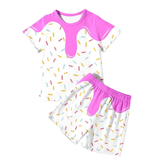 Bjutir Kids Girls Outfit Set Ice Cream Print Short Sleeve Crew Neck T Shirt With Shorts Outfit Summer Casual Toddler Girls Set Size 4-5 Years Light Pink