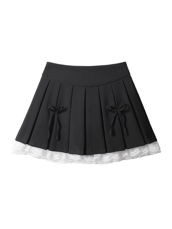 Kids Pleated Skirt Girls Bowknot Elastic Waist Bottom Relaxed Fit A-Line Skirt For Active Wear, Size 10-15 Years, Black