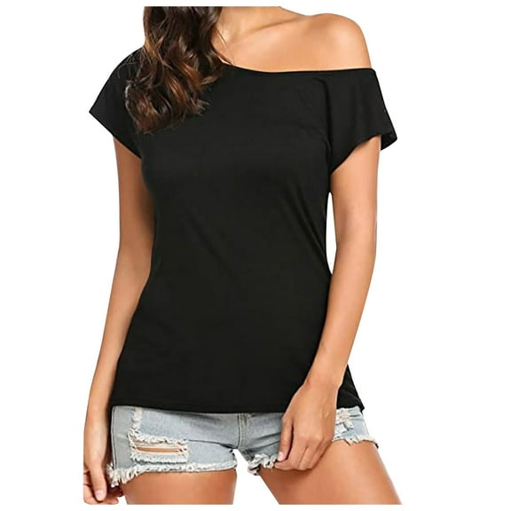 Bjutir Ladies Tops Casual Off Shoulder Solid Color Irregular Top Women Summer Short Sleeve T Shirt Black L