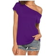 thumbnail image 1 of Bjutir Ladies Tops Casual Off Shoulder Solid Color Irregular Top Women Summer Short Sleeve T Shirt Purple Xxl, 1 of 5