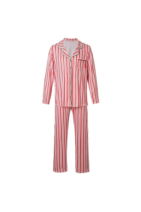 Matching Christmas Pajamas For Family Stripe Printed Pajamas Lapel Neck Long Sleeve Top With Long Pants Two Piece Set Fall Winter Xmas Sleepwear Red