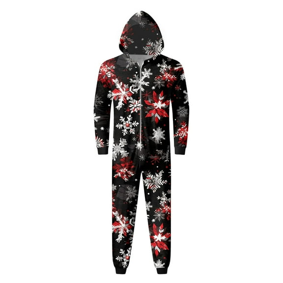 Bjutir Matching Family Christmas Pajamas Jumpsuits Snowflake Print Hooded Zipper Long Sleeve Warm Fall Winter Holiday Sleepwear Black