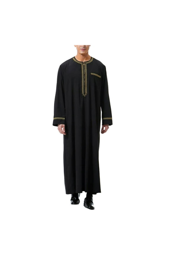 Men Shirts Dress Robe Arab Middle Robe Long Sleeve Embroidered Pocket Long Shirt Robe Coat Shirt Prayer Clothing Black 3Xl