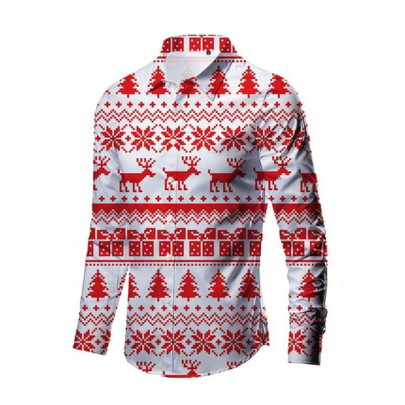 Bjutir Men Shirts Long Sleeve Dress Shirt Autumn Casual 3D Christmas Printing Hawaii Shirt Tops Red Xl