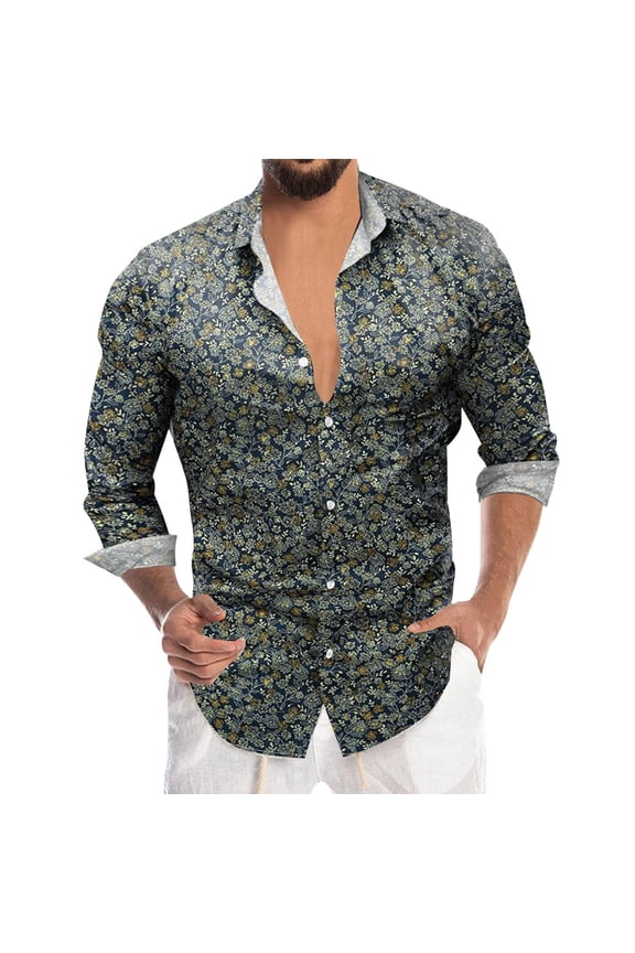 Men Shirts Long Sleeve Floral Business Hem Button Print Leisure Floral Shirt Black S