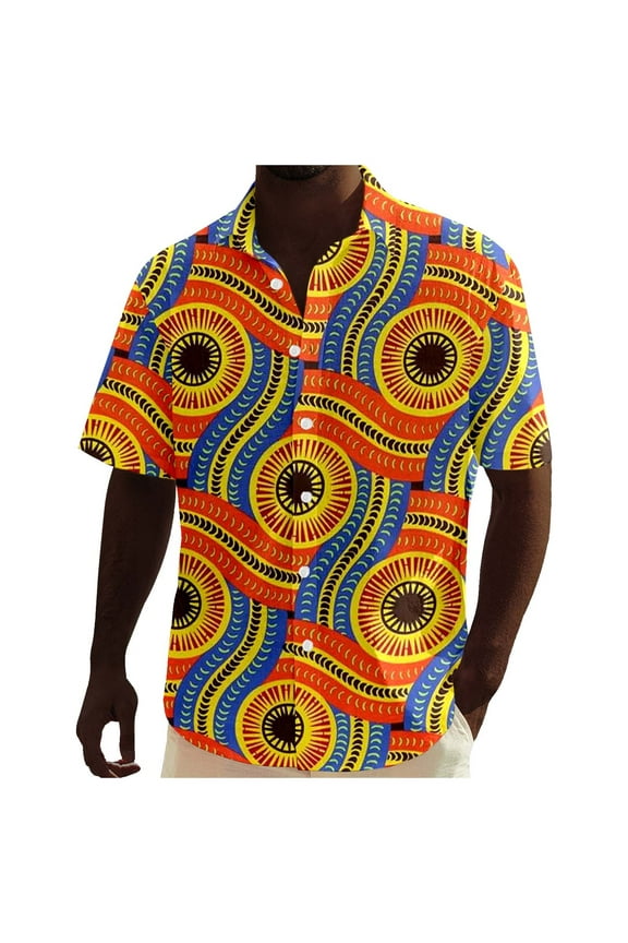 Men Shirts Short Sleeve African Dashiki Traditional Style Shirt Summer Hawaii Beach Holiday Ankara Floral Shirts Orange L