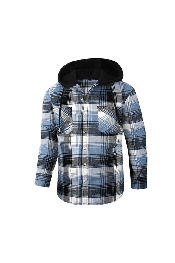 Men Shirts Spring Fashion Casual Hooded Woolen Flannel Plaid Shirt Coat Light Blue 3Xl