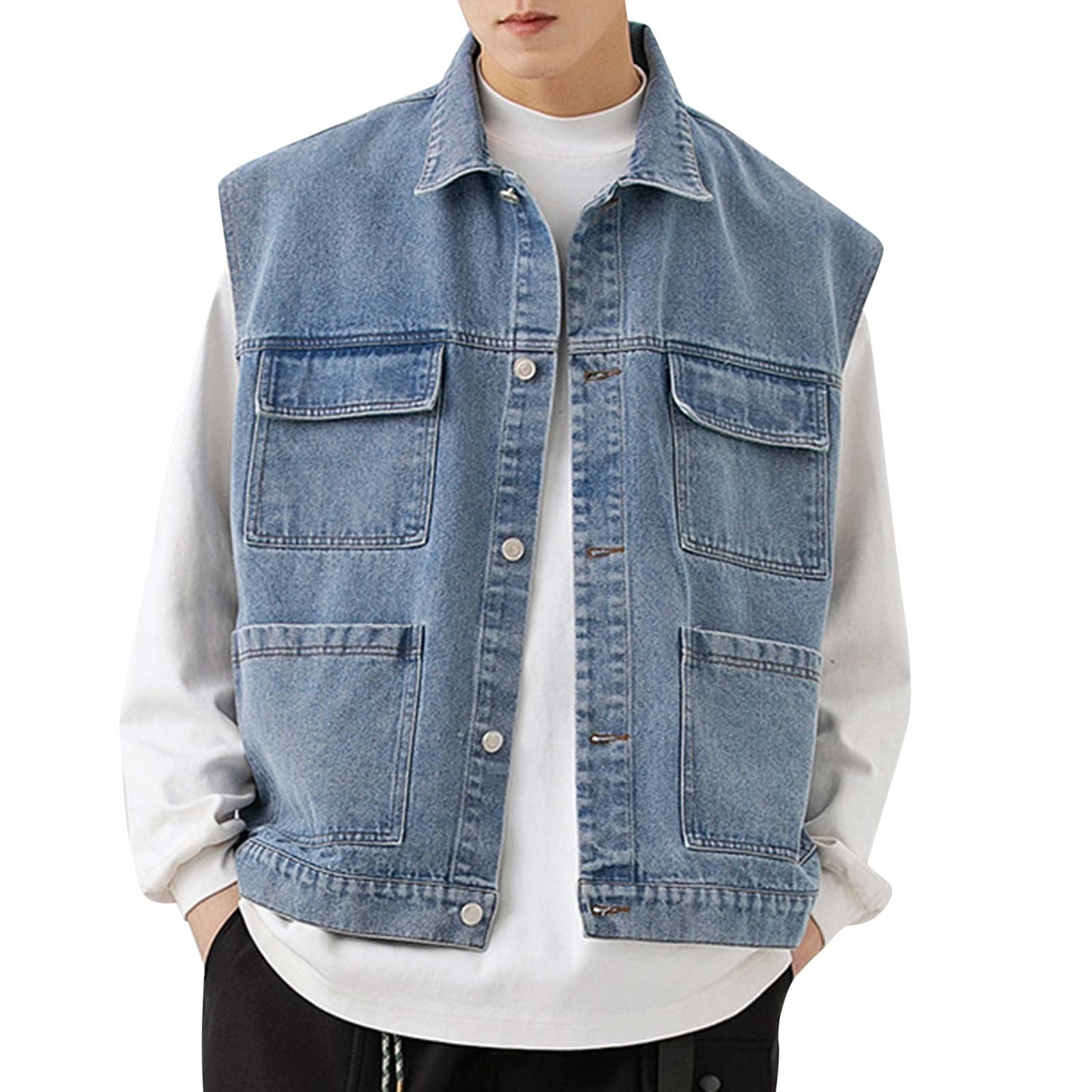Bjutir Mens Coat Mens Denim Vest Retro Sleeveless Multi Pocket Lapel