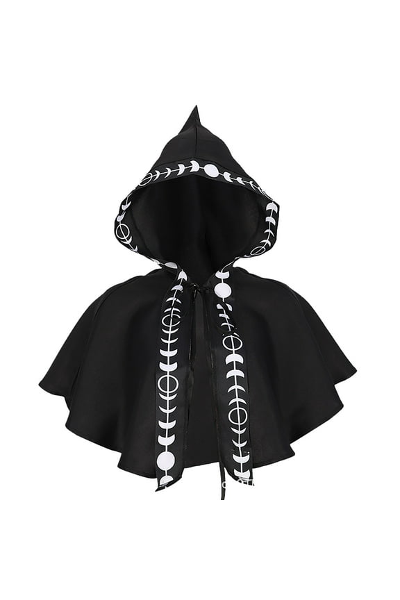 Mens Coat Moon Phases Print Hooded Cloak Short Cape Cowl Hood Shawl Witch Moon