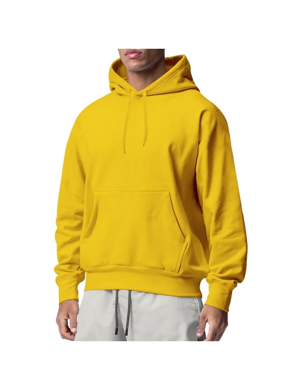 Mens Hoodie Sweatshirts Fall Winter Solid Color Long Sleeve Oversize Loose Hooded Pullover Top Casual Sweatshirts Yellow M
