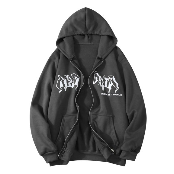 Bjutir Mens Hoodie Sweatshirts Jacket Zip Up Hoodies Hop Sweatshirt Vintage Goth Print Hooded Jacket Street Fashion Drawstring Sweat Jacket Pullover Tops Grey