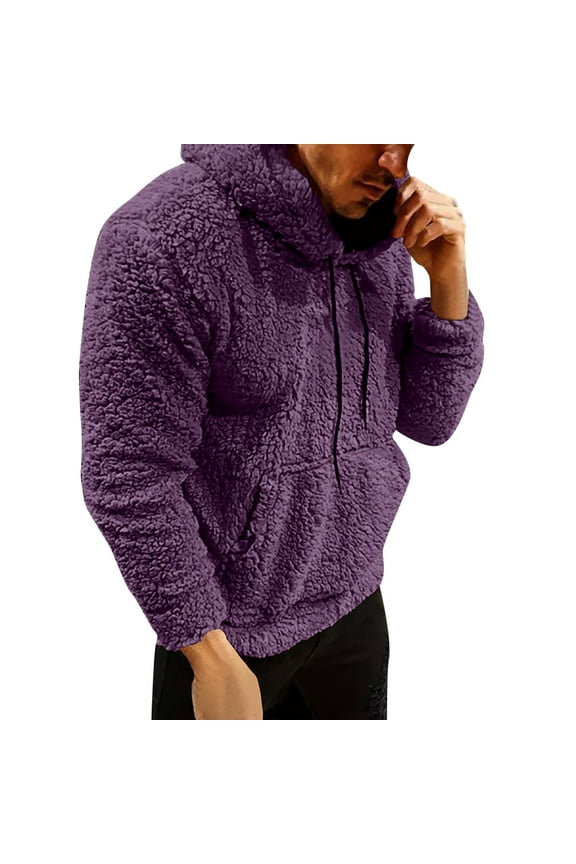 Mens Hoodie Sweatshirts Man Autumn Plush Hoodie Fuzzy Solid Color Long Sleeve Drawstring Hooded Solid Color Sweatshirt Winter Pullover Tops