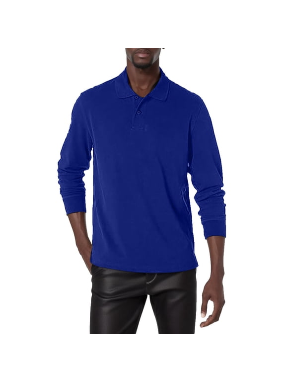 Mens Polo Shirts Long Sleeve Solid Color Button Down Collared Shirts Cozy Athletic Tees Size M-Xxxl Blue