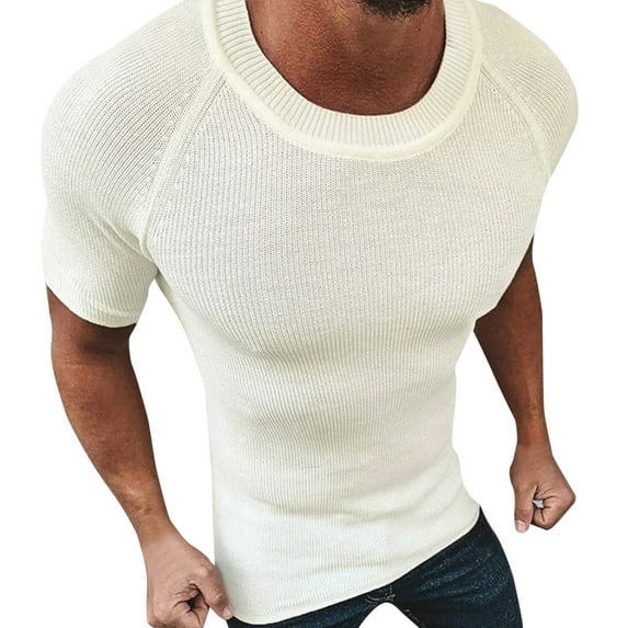 Bjutir Mens Tshirts Knitted Shirt Solid Color Slim Fitting Short Sleeved Pullover Sweater Top Shirts White