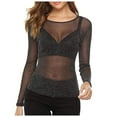 thumbnail image 1 of Bjutir Mesh Top Women Transparent Glitter Long Sleeve See Through Shirts For Women Black, 1 of 8