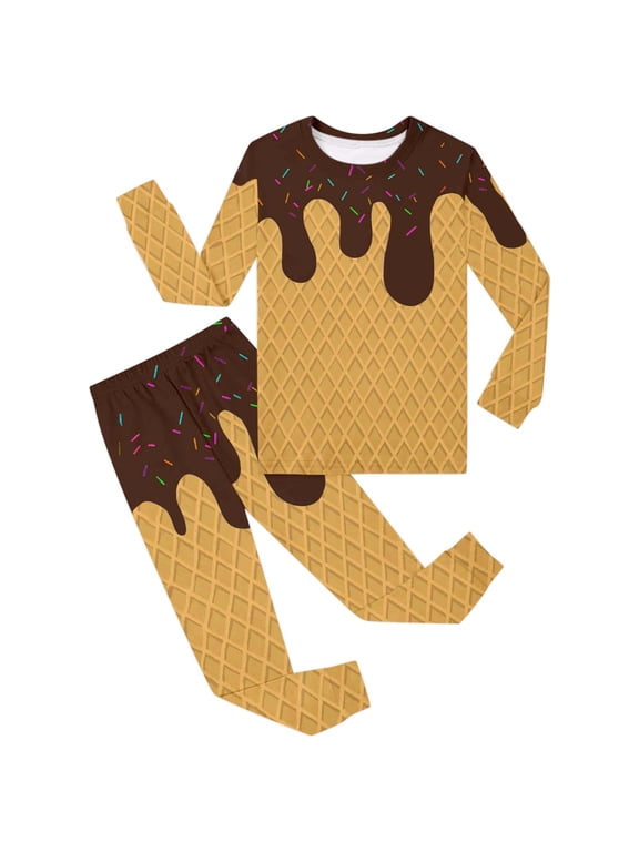 Pajamas Set For Girls Boys Ice Cream Print Crewneck Tops And Pants Pjs Set Cozy Homewear Long Sleeve Clothing Set Size 2-10 Years, Coffee