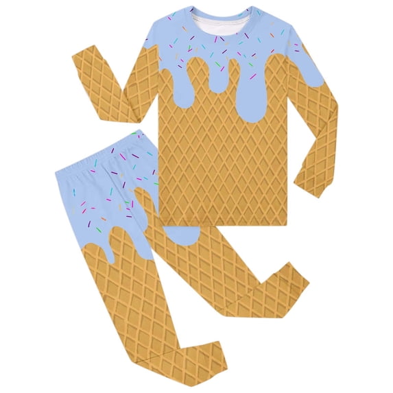 Bjutir Pajamas Set For Girls Boys Ice Cream Print Crewneck Tops And Pants Pjs Set Cozy Homewear Long Sleeve Clothing Set Size 2-10 Years, Light Blue