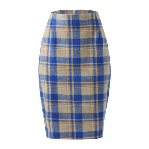 Bjutir Pencil Plaid Skirts For Women Fall Winter High Waisted Bodycon Knee Length Midi Skirt With Slit Blue Size S