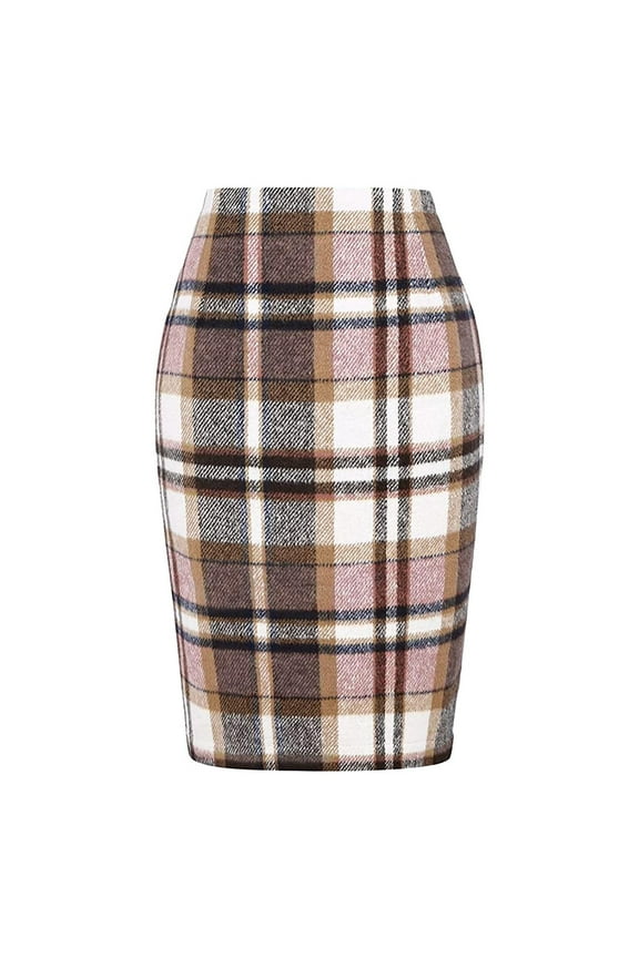 Pencil Plaid Skirts For Women Fall Winter High Waisted Bodycon Knee Length Midi Skirt With Slit Pink Size 2Xl