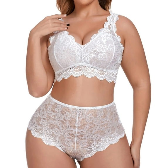 Bjutir Plus Size Sexy Lingerie Set For Women V Neck High Waist Floral Lace Bra With Panty 2 Piece Set Underwire Set White