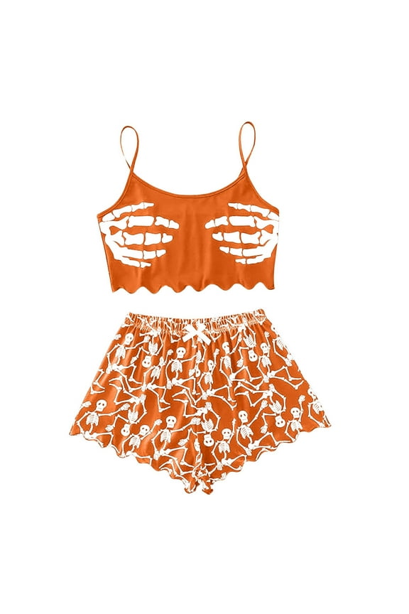 Print Pajamas Shorts Set For Women Sleeveless Top With Casual Shorts Outfit Set Orange Size S
