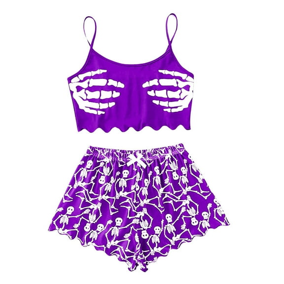 Bjutir Print Pajamas Shorts Set For Women Sleeveless Top With Casual Shorts Outfit Set Purple Size L