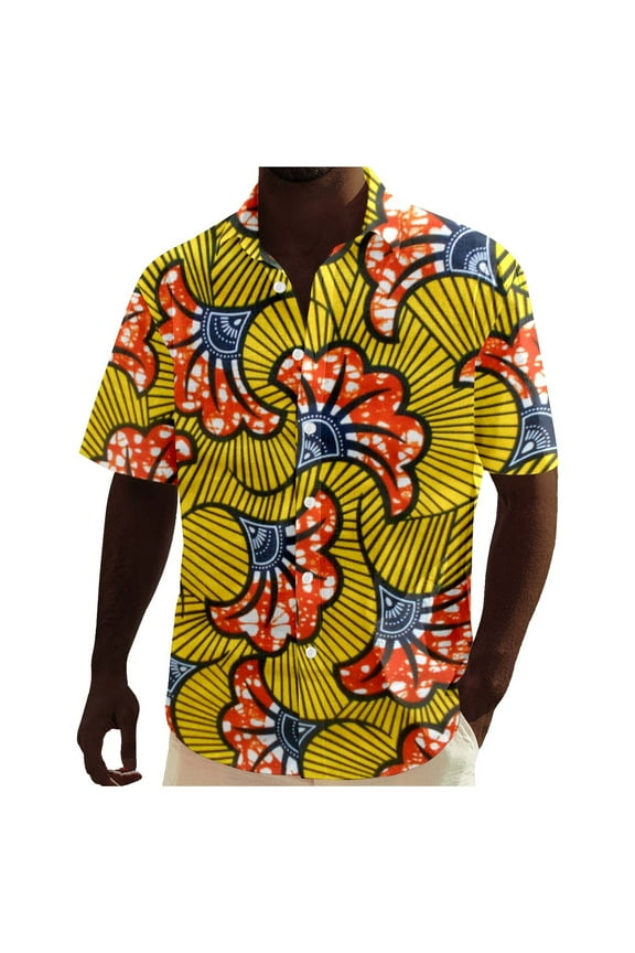 Shirts For Men Short Sleeve African Dashiki Traditional Style Shirt Summer Hawaii Beach Holiday Ankara Floral Shirts Yellow 3Xl