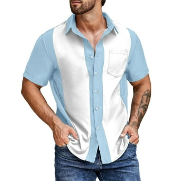 Bjutir Shirts For Men Summer Fashion Casual Beach Seaside Classic Short Sleeved Shirt Double Color Striped Bowling Shirt Button Closure Shirt Light Blue 2Xl