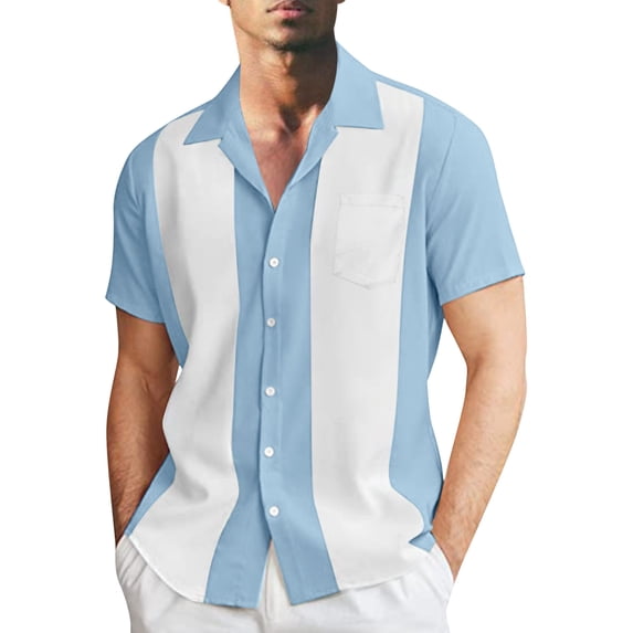 Bjutir Shirts For Men Summer Fashion Casual Beach Seaside Classic Short Sleeved Shirt Double Color Striped Bowling Shirt Button Closure Shirt Light Blue M