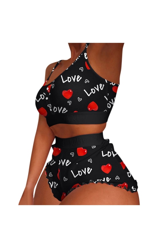 Short Sets For Women Outfit Sexy Printing Pajamas Sleeveless Cami Shorts Lingerie Sleepwear Set Black 2Xl
