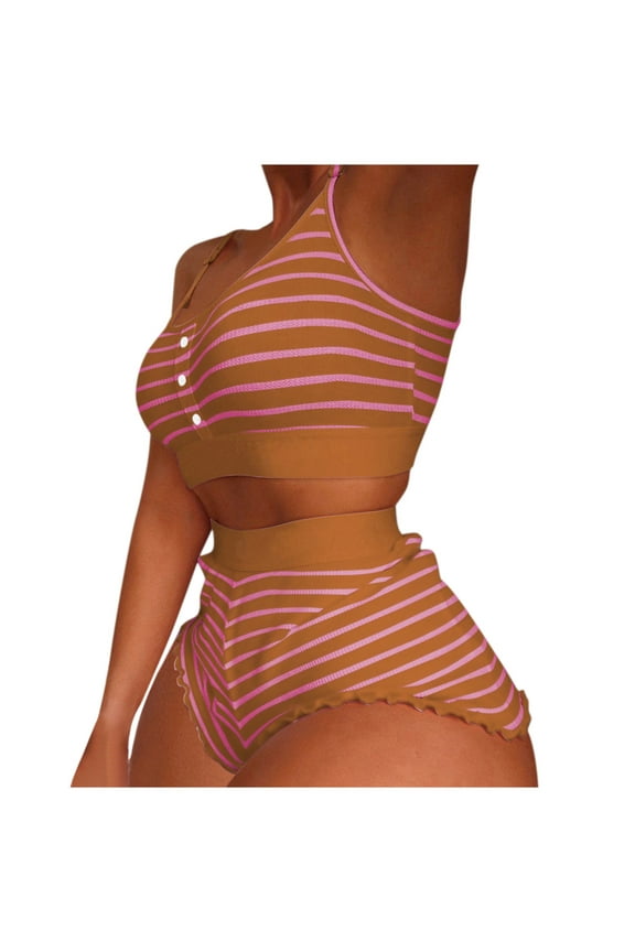 Short Sets For Women Outfit Sexy Printing Pajamas Sleeveless Cami Shorts Lingerie Sleepwear Set Khaki M