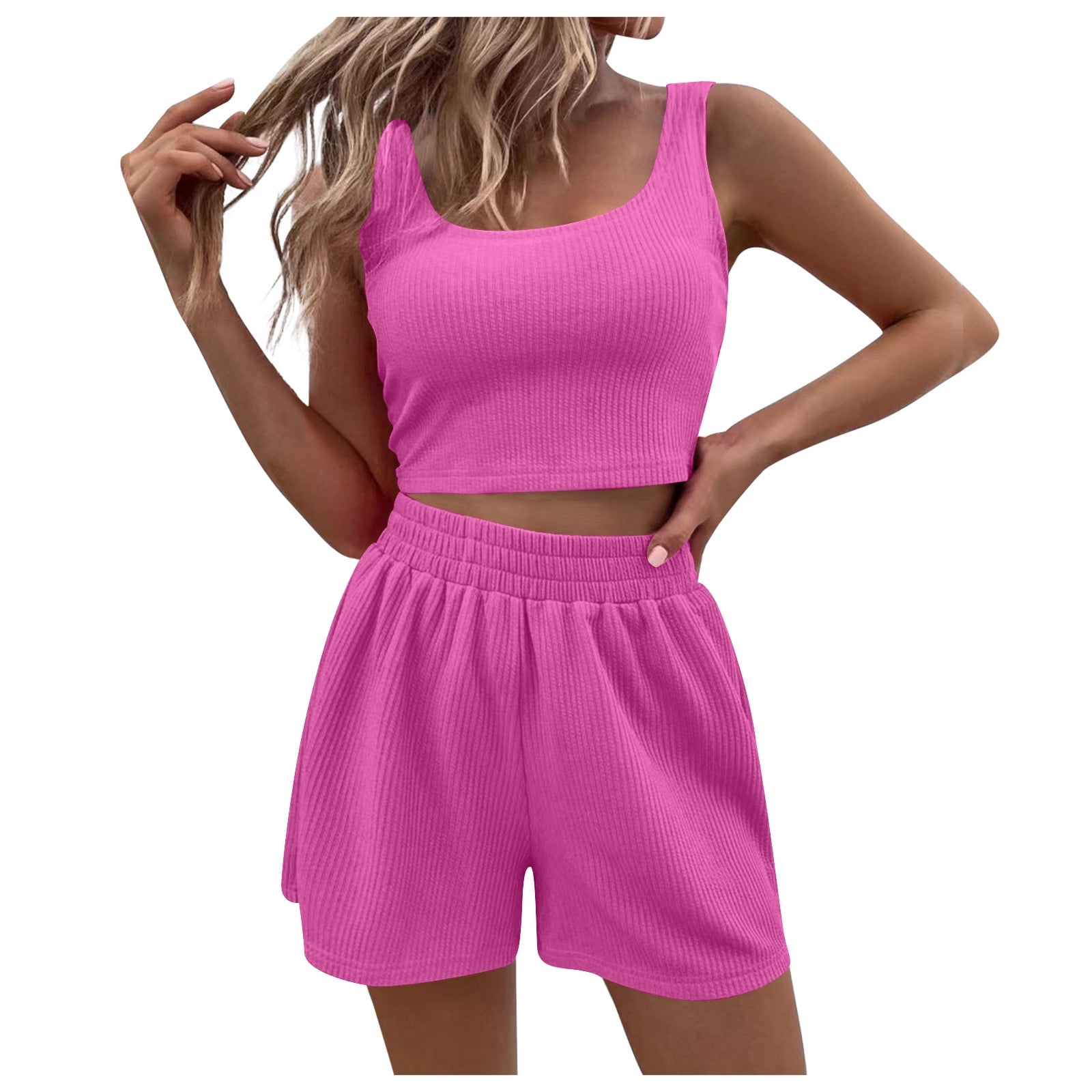 Women's Summer Two-Piece Set - Crop Top & High Waisted Shorts Matching Outfit For Beach & Lounge