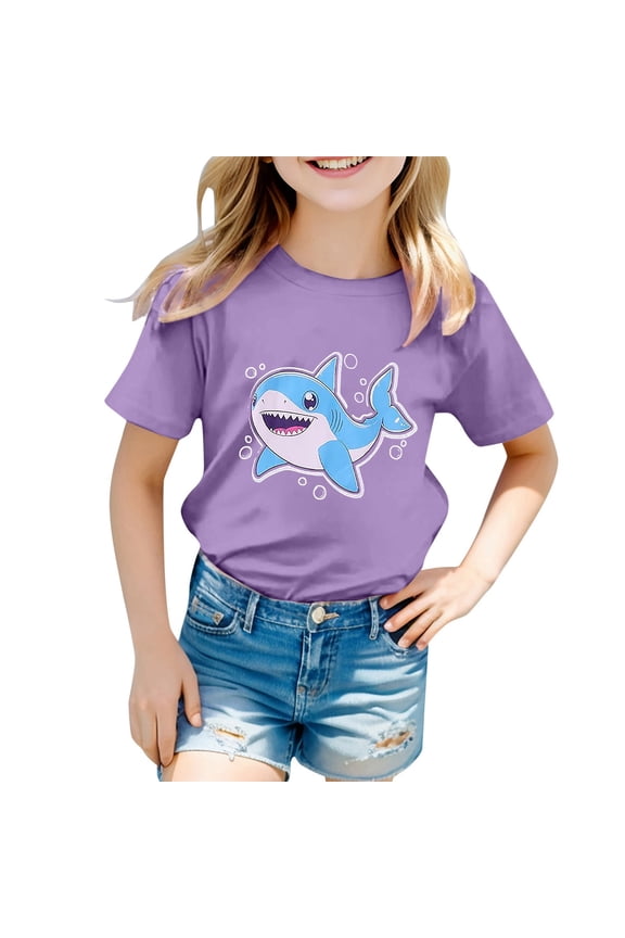 Summer Girls Shirts Cut Marine Animals Graphic Print Short Sleeve Crew Neck T-Shirts Casual Girl Tees Size 6-7 Years Purple