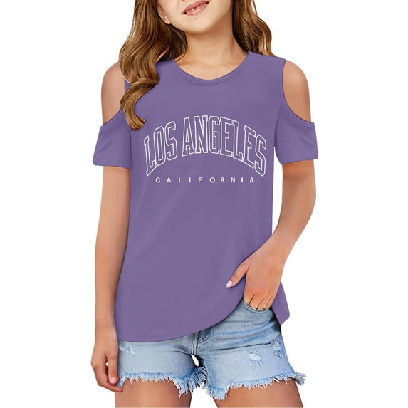 Bjutir Summer Girls Shirts Graphic Print Short Sleeve Crew Neck T-Shirts Comfortable Girl Tees Size 4-5 Years Purple