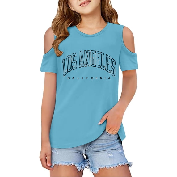 Bjutir Summer Girls Shirts Graphic Print Short Sleeve Crew Neck T-Shirts Lightweight Girl Tees Size 3-4 Years Sky Blue