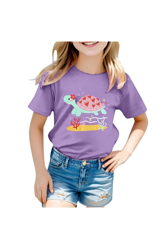 Summer Girls Shirts Marine Animal Print Short Sleeve Crew Neck T-Shirts Smooth Girl Tees Size 8-9 Years Purple