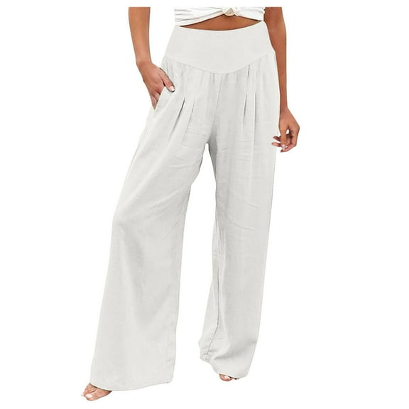 Bjutir Summer Pants For Women 2024 Wide Leg Pants Summer Casual High Waisted Palazzo Pants Baggy Beach Trousers With Pocket White 2Xl