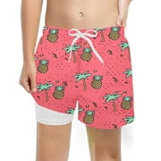Bjutir Swim Trunks With Compression Liner Boys Casual Swimwear Print High Waist Comfortable Boy Swim Trunks Swimsuits Pink Size 10-12 Years