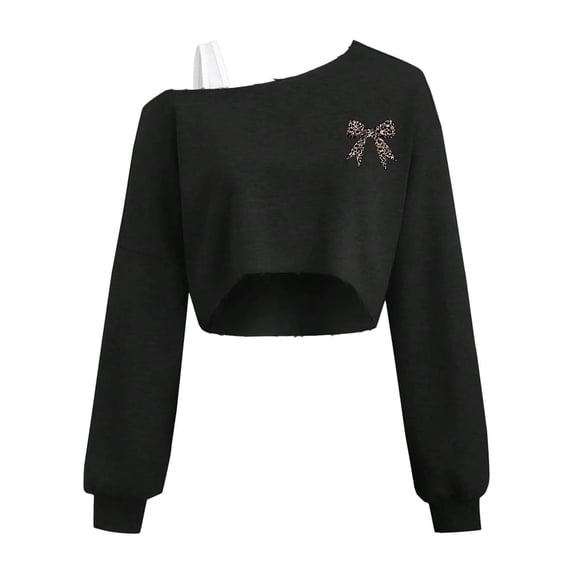 Bjutir T Shirts For Girls Long Sleeve Leopard Bowknot Print Off Shoulder Tops Breathable Casual Wear Basic Tops Size 7-16 Years