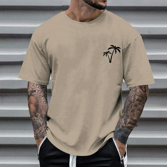 Bjutir T Shirts For Men Spring Autumn Coconut Tree Print Short Sleeve Round Neck T Shirt Floral Fashion Trend Bottoming Shirt S