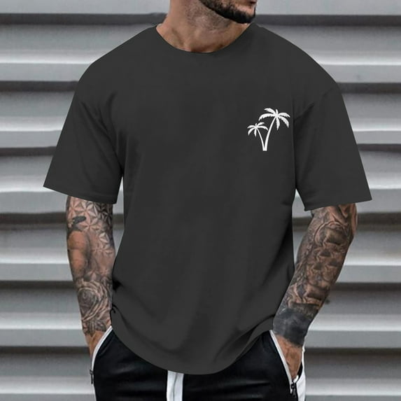 Bjutir T Shirts For Men Spring Autumn Coconut Tree Print Short Sleeve Round Neck T Shirt Floral Fashion Trend Bottoming Shirt Xl