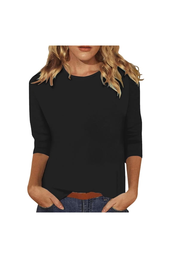 T Shirts For Women Tees 3/4 Length Sleeve Tops Casual Loose Fit Crewneck T Shirts Cute Solid Three Quarter Length Tunic Tops Black L