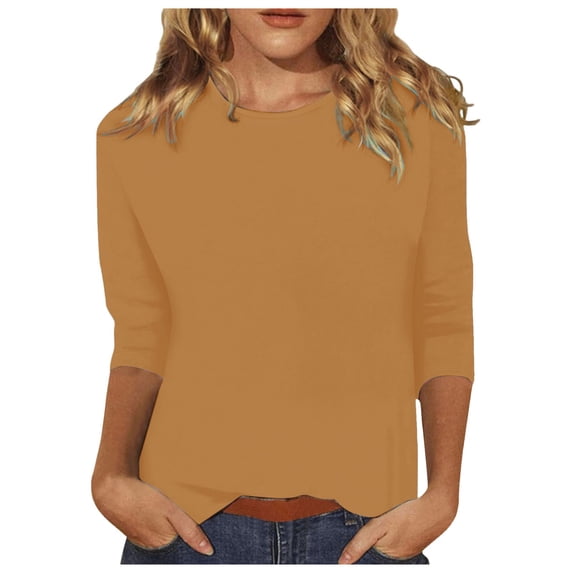 Bjutir T Shirts For Women Tees 3/4 Length Sleeve Tops Casual Loose Fit Crewneck T Shirts Cute Solid Three Quarter Length Tunic Tops Yellow 2Xl