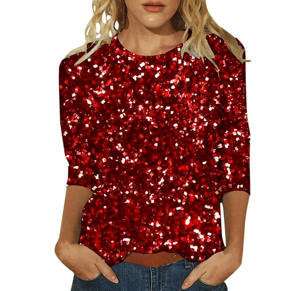 Bjutir T Shirts For Women Tees Fashion Tops Three Quarter Sleeve Casual Sequined Round Neck Loose Printed T Shirt Red M