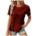 thumbnail image 1 of Bjutir T Shirts For Women Tees Lace Top Crochet Crew Neck Short Sleeve Fashion Summer Loose Tee Casual T Shirt Wine 2Xl, 1 of 5
