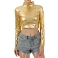 thumbnail image 1 of Bjutir T Shirts For Women Tees Metallic Long Sleeve Tops Shiny Stretch Long Sleeve Neck Clubwear Slim Fit Metallic Blouses Gold S, 1 of 4
