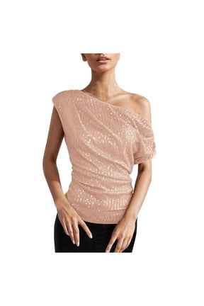 T Shirts For Women Tees One Shoulder Sequin Sparkly Tops Ruched Asymmetrical Glitter Tops Party Shirts Rose Gold S